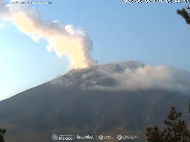 A snow-capped volcano erupts a plume of light-colored smoke under a clear blue sky.