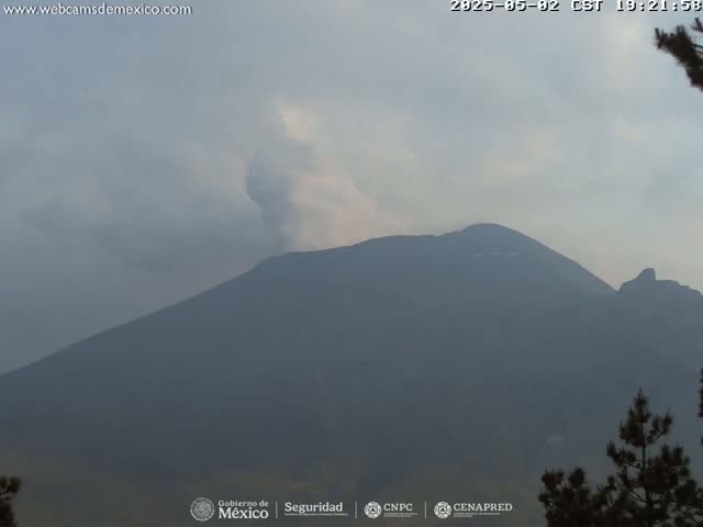 A large, dark mountain is visible under an overcast sky, with a plume of smoke or ash rising from its peak.