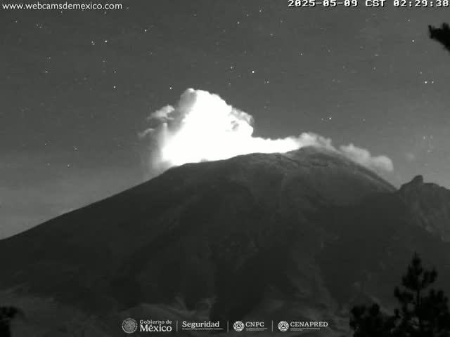 A nighttime, grayscale image shows a volcano erupting under a starry sky.