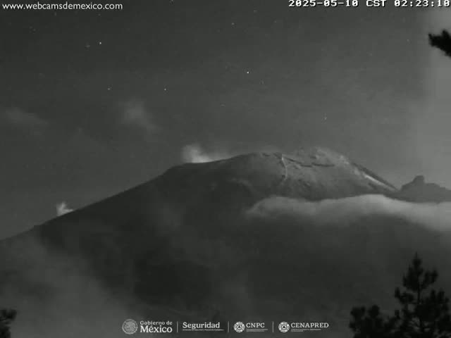 A nighttime, grayscale image shows a partially cloud-covered volcano emitting a small amount of smoke under a clear, starry sky.