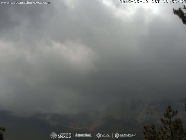 A mountain range is obscured by a thick, gray fog under an overcast sky.