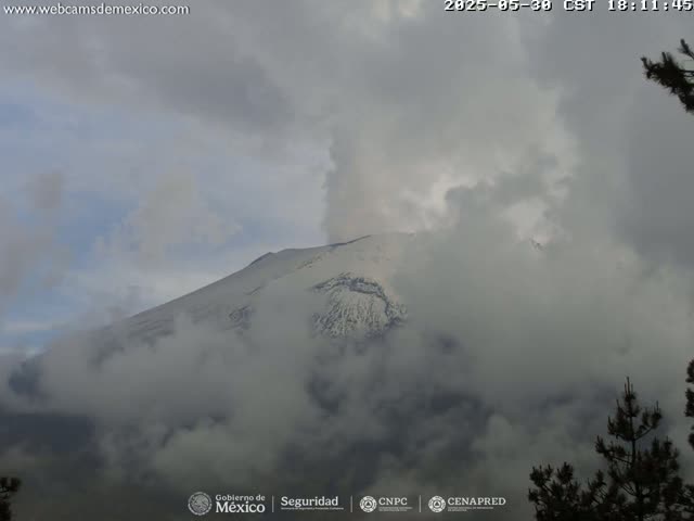 A snow-capped mountain is mostly obscured by a thick layer of clouds under an overcast sky.