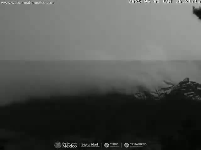 A low-light, grayscale image shows a dark, indistinct landscape possibly under a hazy or foggy sky.