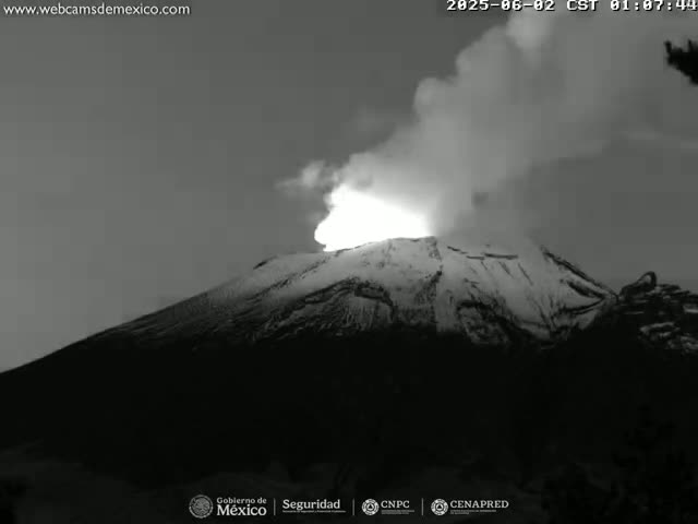 A snow-capped volcano erupts a plume of smoke and ash under a gray sky.