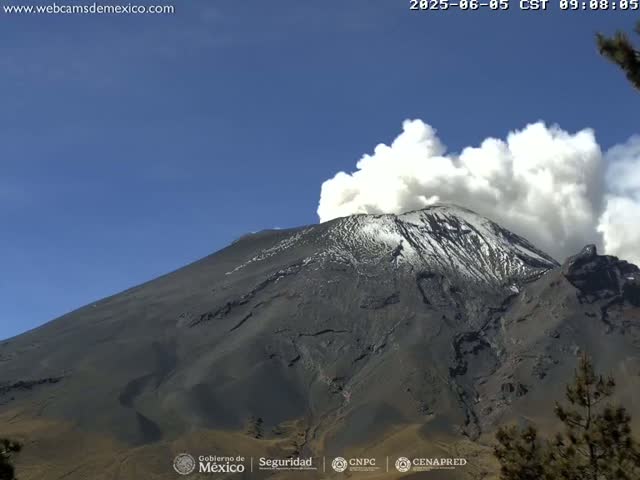 A snow-capped volcano erupts a large plume of white smoke under a clear blue sky.