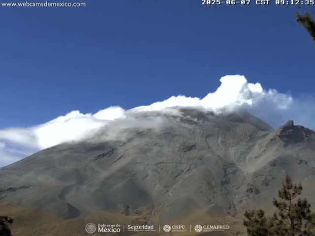 A large, gray volcano is partially covered in white clouds under a clear blue sky.