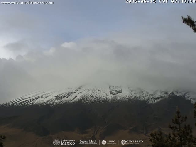 A snow-capped mountain range is partially obscured by a cloudy, overcast sky.