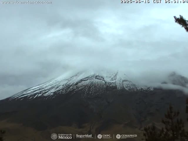 A snow-capped mountain is partially obscured by clouds under an overcast sky.