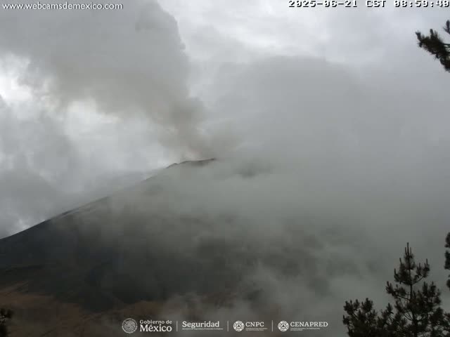A large volcano is partially obscured by a thick fog under an overcast sky.