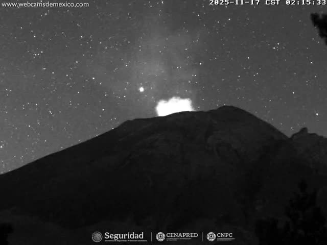 A volcano with a glowing plume is seen erupting under a clear, starry night sky.