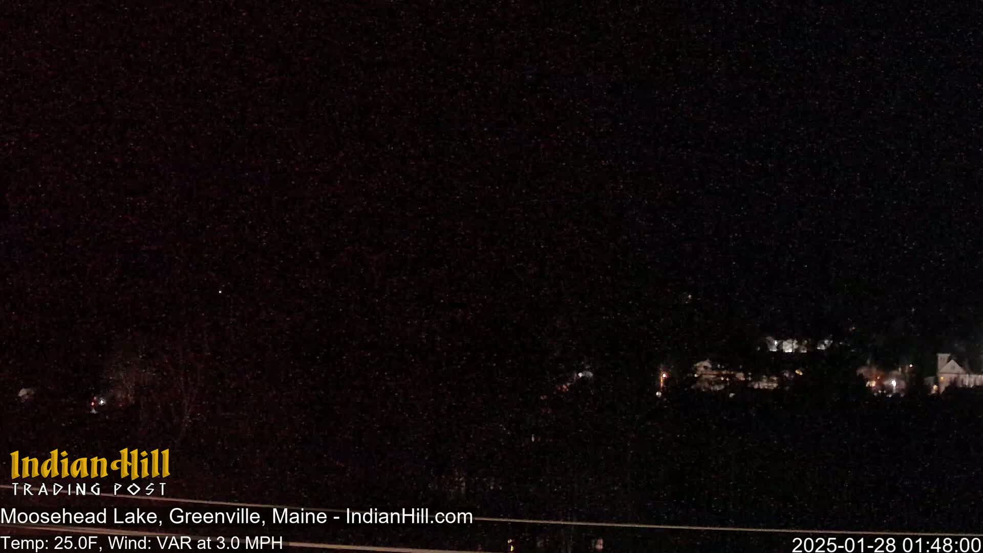 A nighttime long shot of a dark landscape with a few distant lights, under a clear, starry sky with a light wind.