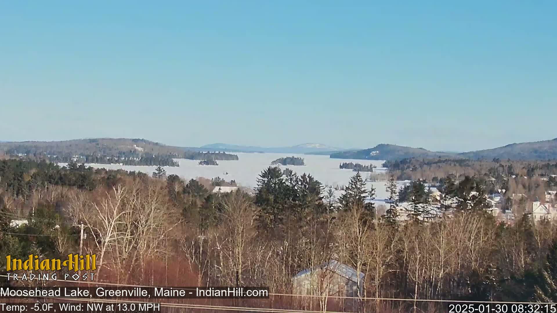 A snow-covered lake stretches to distant, snow-dusted hills under a clear blue sky, viewed from a wooded vantage point.