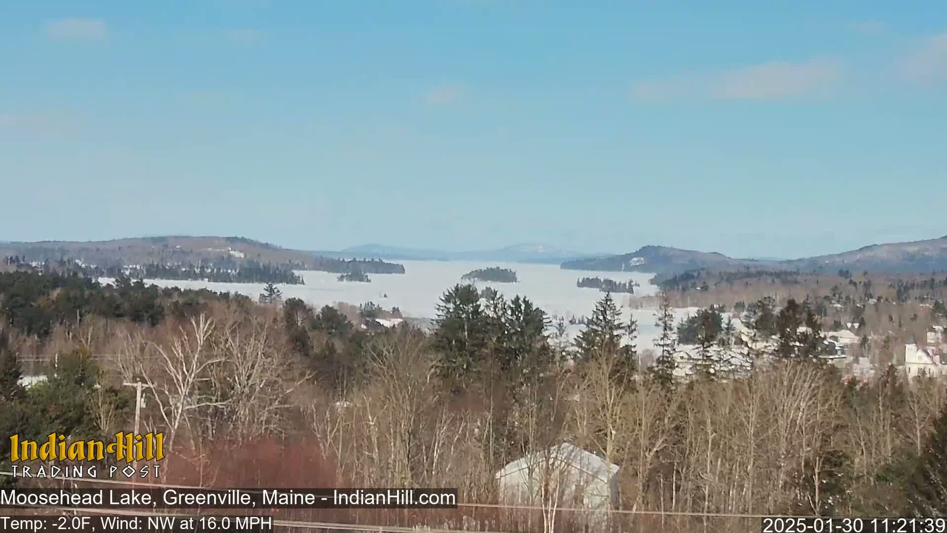 A snow-covered lake stretches to distant, snow-dusted hills under a clear blue sky, viewed from a vantage point amidst a wintery forest.