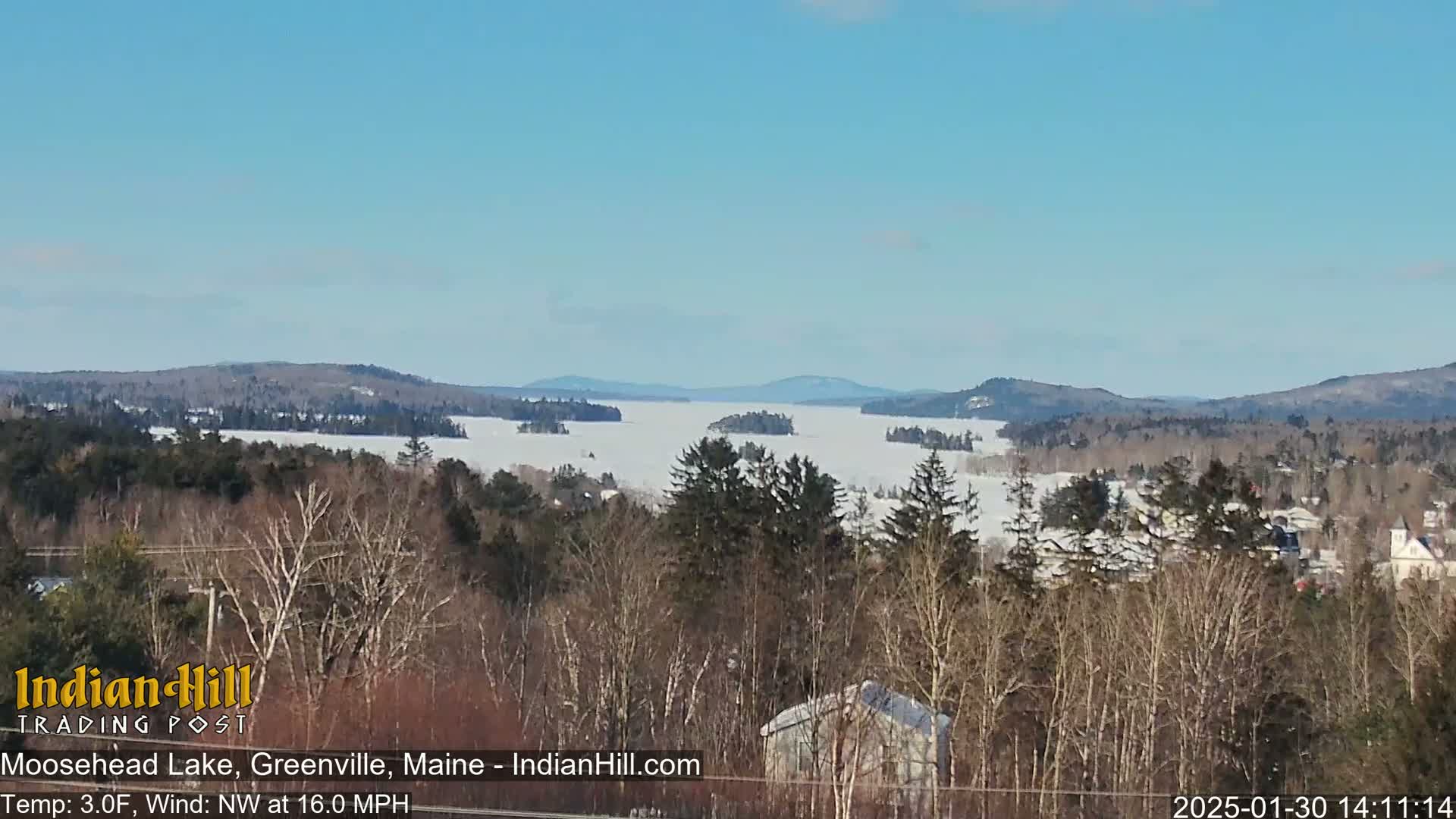 A snow-covered lake stretches to distant, snow-dusted mountains under a clear blue sky, viewed from a wooded hillside.