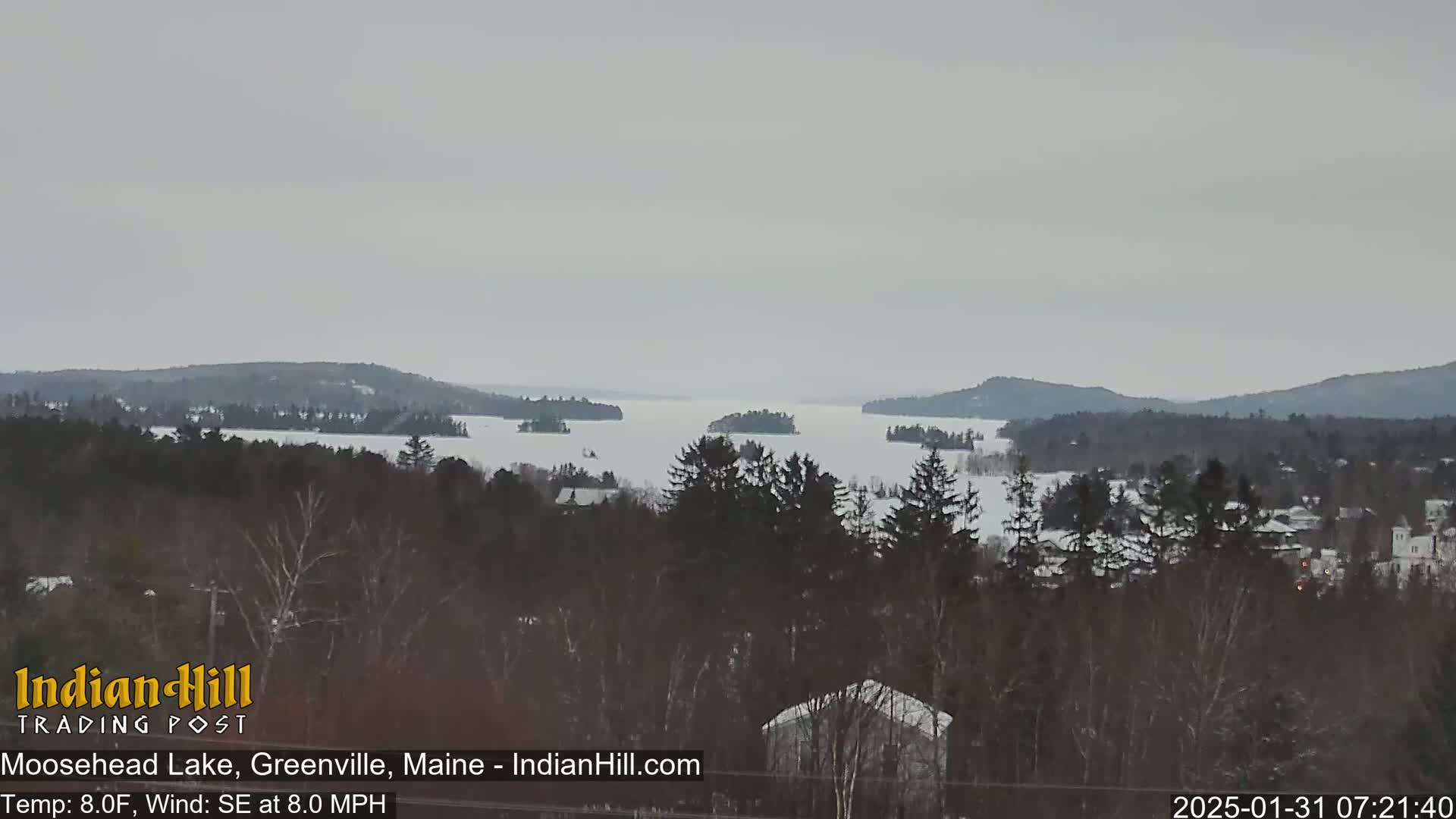 A snow-covered lake with several small islands is seen from a wooded hillside on an overcast day.
