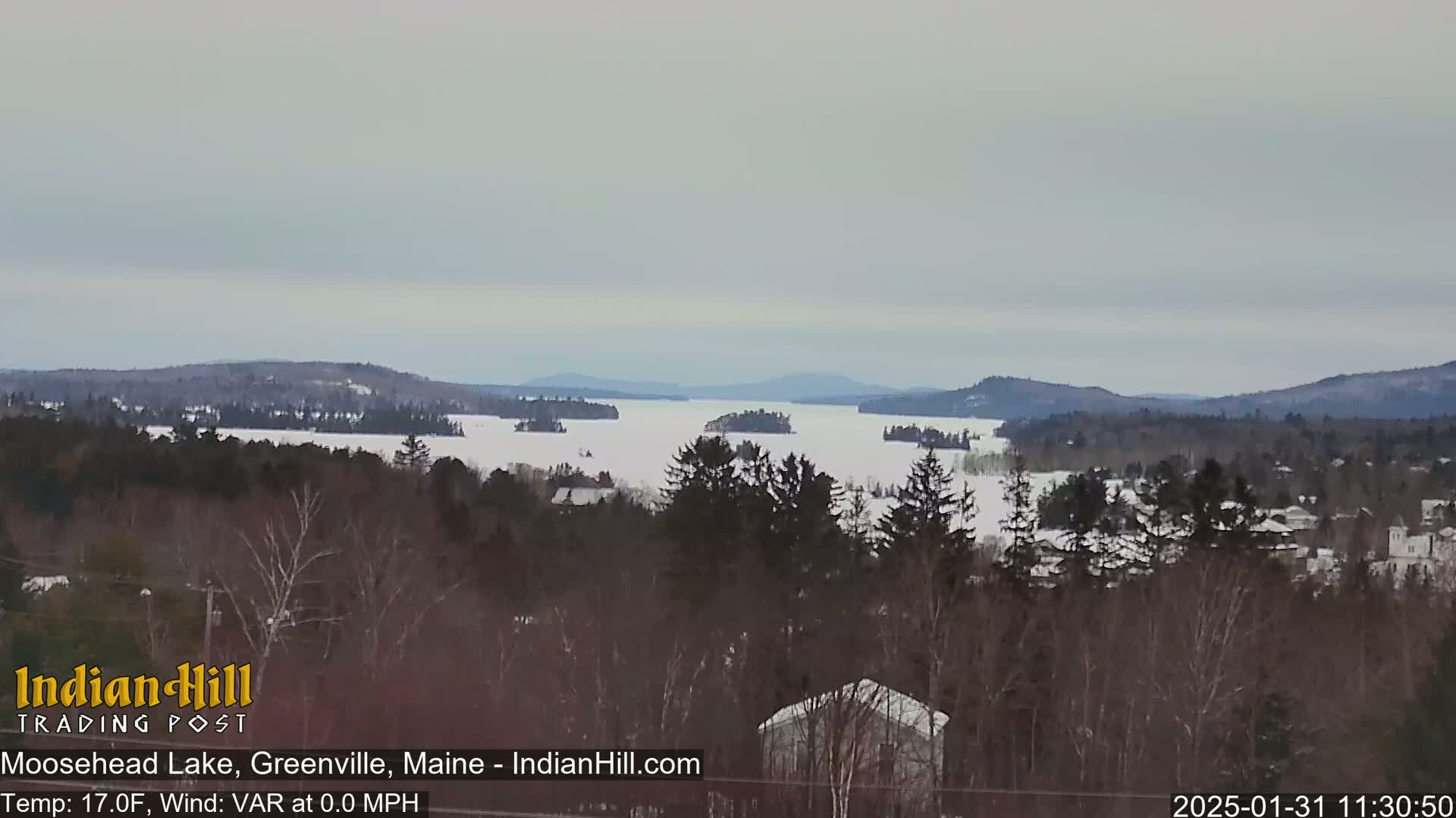 A snow-covered, frozen lake with several islands is visible from a snowy, wooded hillside under a cloudy sky.
