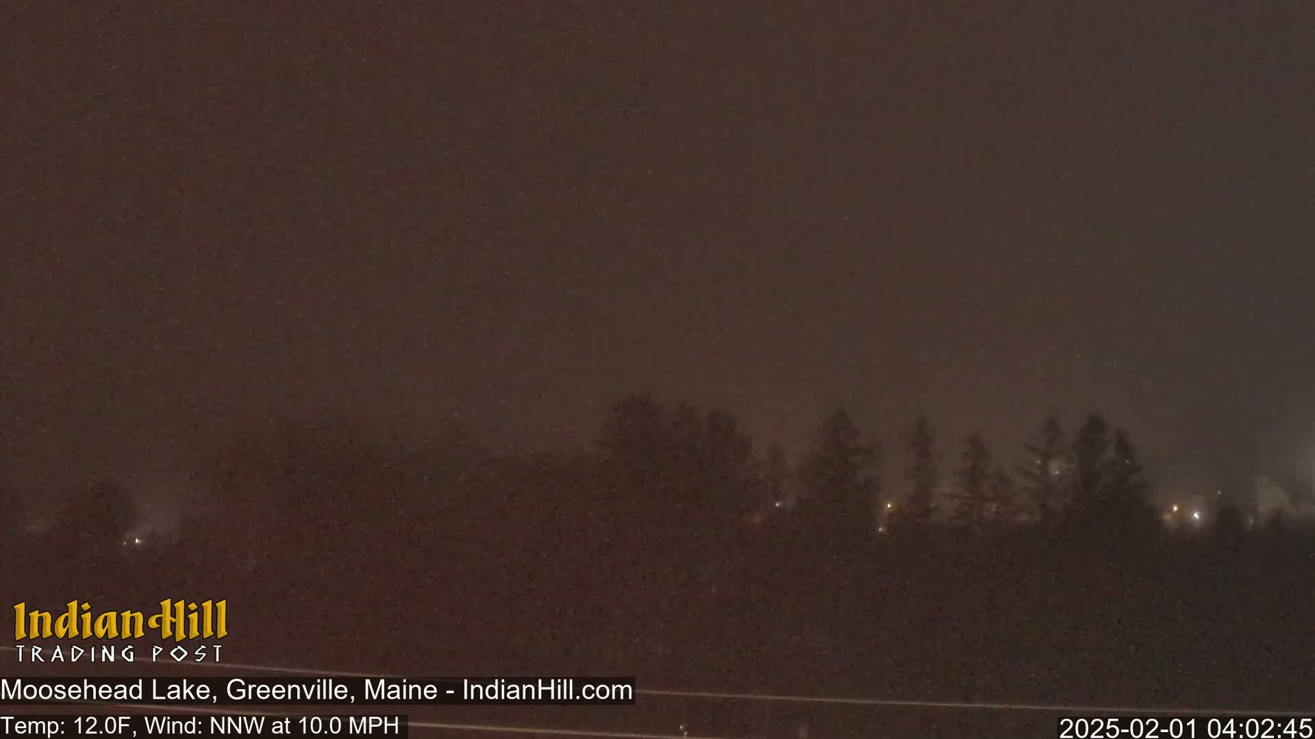 A nighttime view of a snow-covered landscape with a dark sky and silhouetted trees under a falling snow.