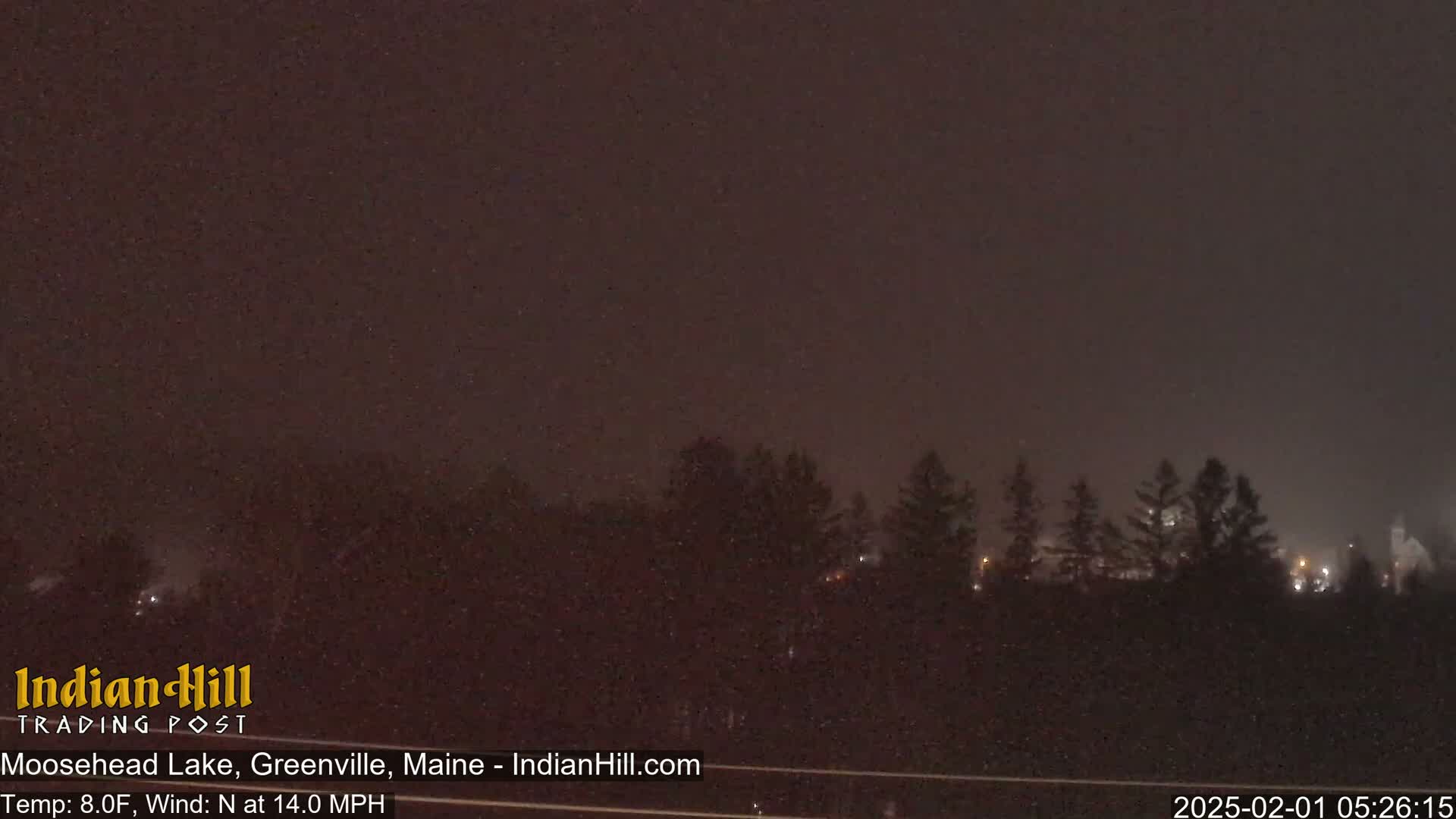 A nighttime, snowy scene shows a line of dark trees under a dark, overcast sky with a 14 mph north wind.