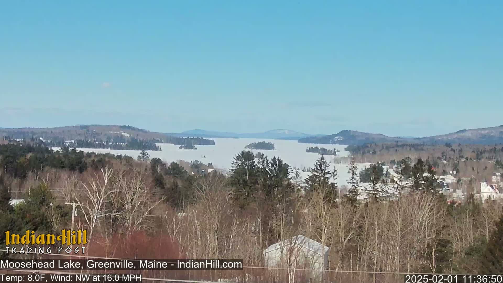 A snow-covered lake stretches into the distance under a clear blue sky, surrounded by leafless trees and distant hills.