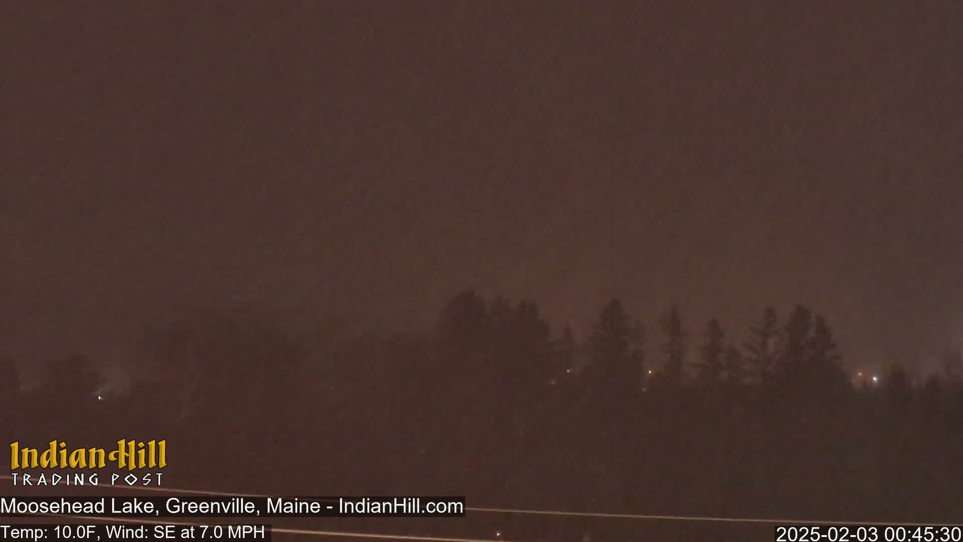 A nighttime view of a snow-covered landscape with a line of trees in the distance under a dark, snowy sky.