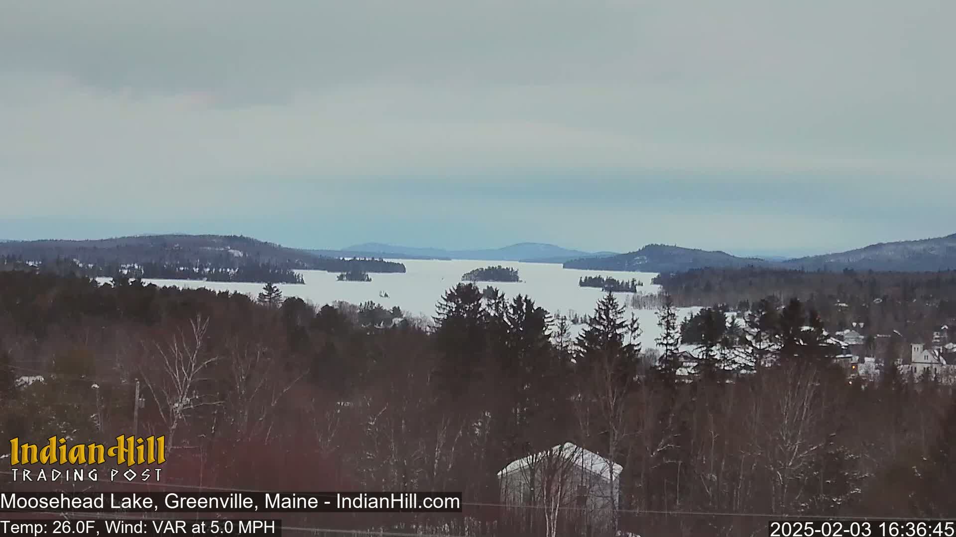 A snow-covered lake is visible from a wooded hilltop, under an overcast sky.