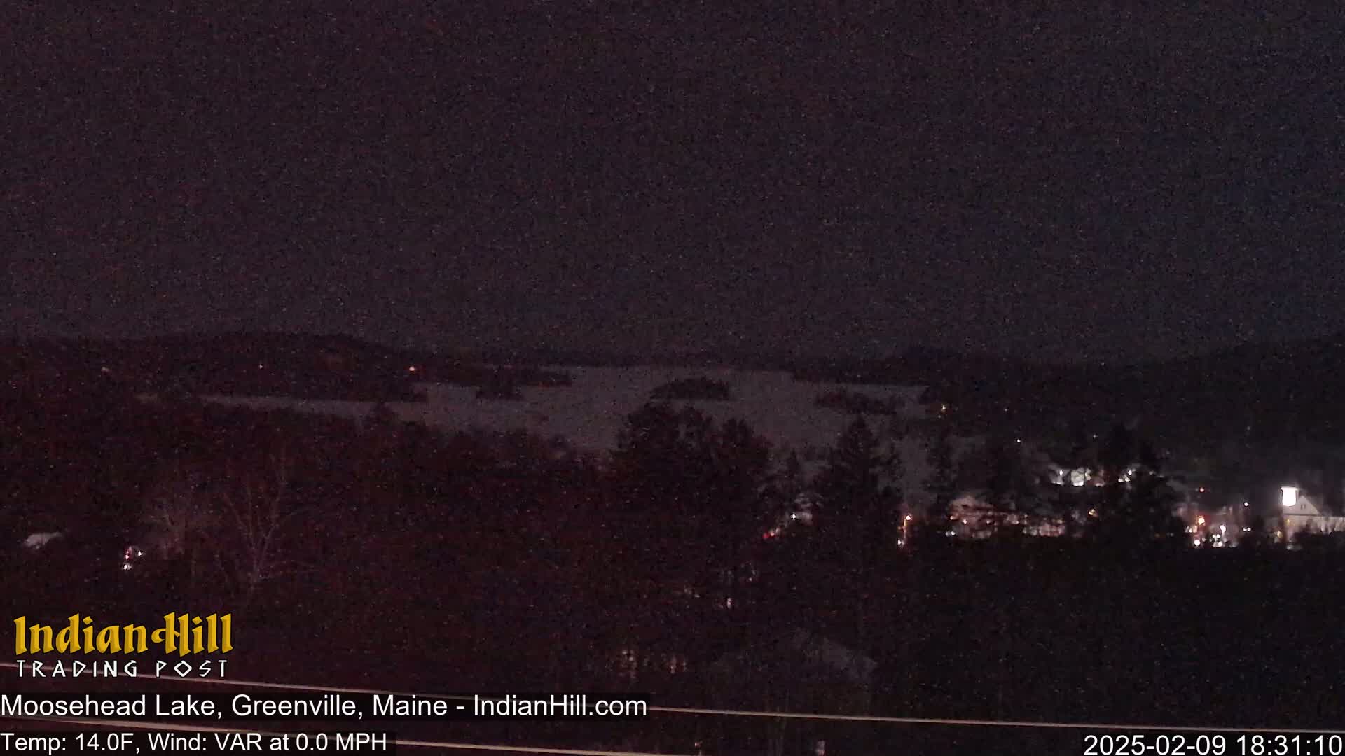 A nighttime view of a lake and trees under a dark, possibly snowy sky.