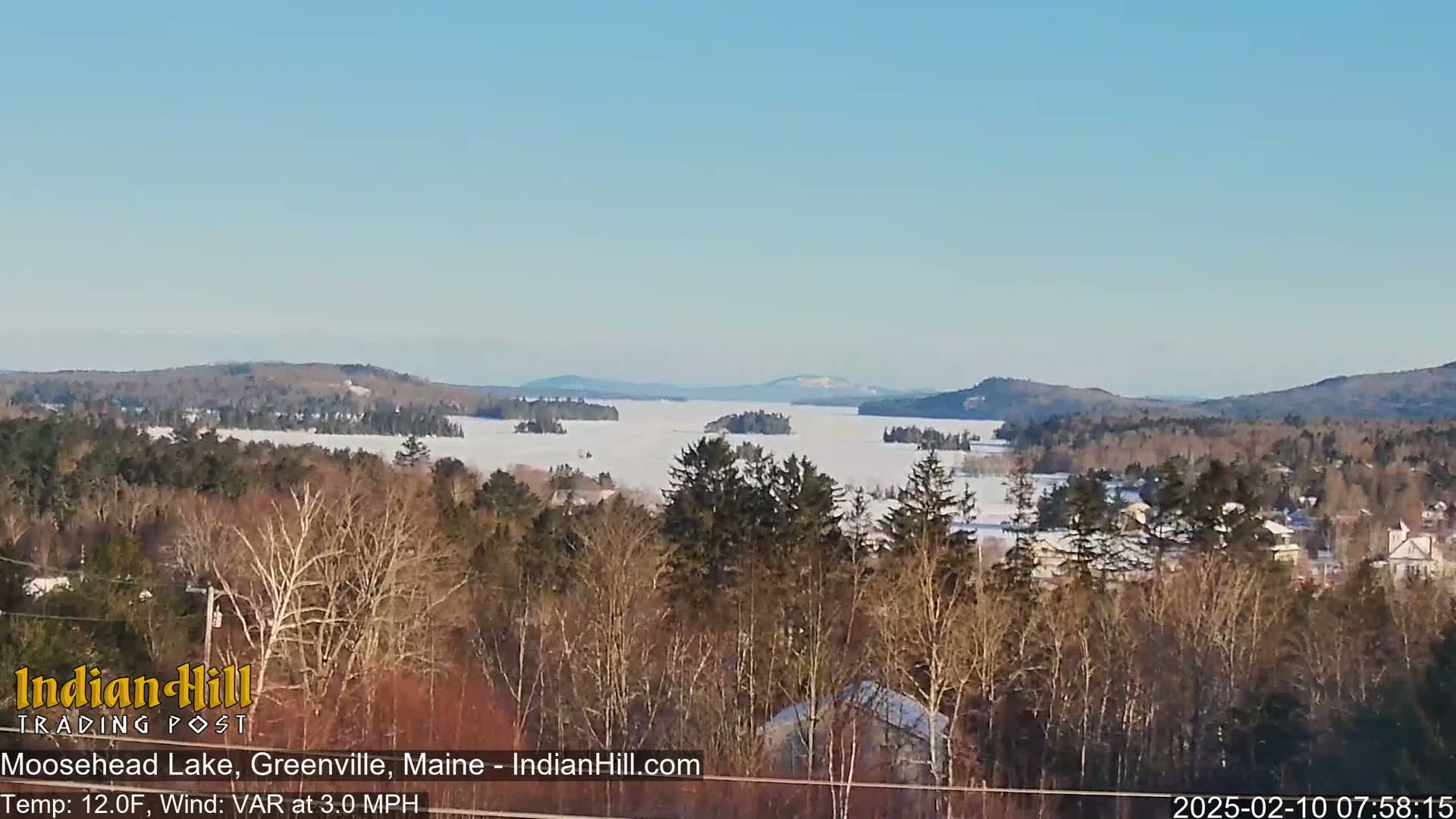 A snow-covered lake stretches to distant hills under a clear blue sky, viewed from a vantage point overlooking a snow-dusted forest.