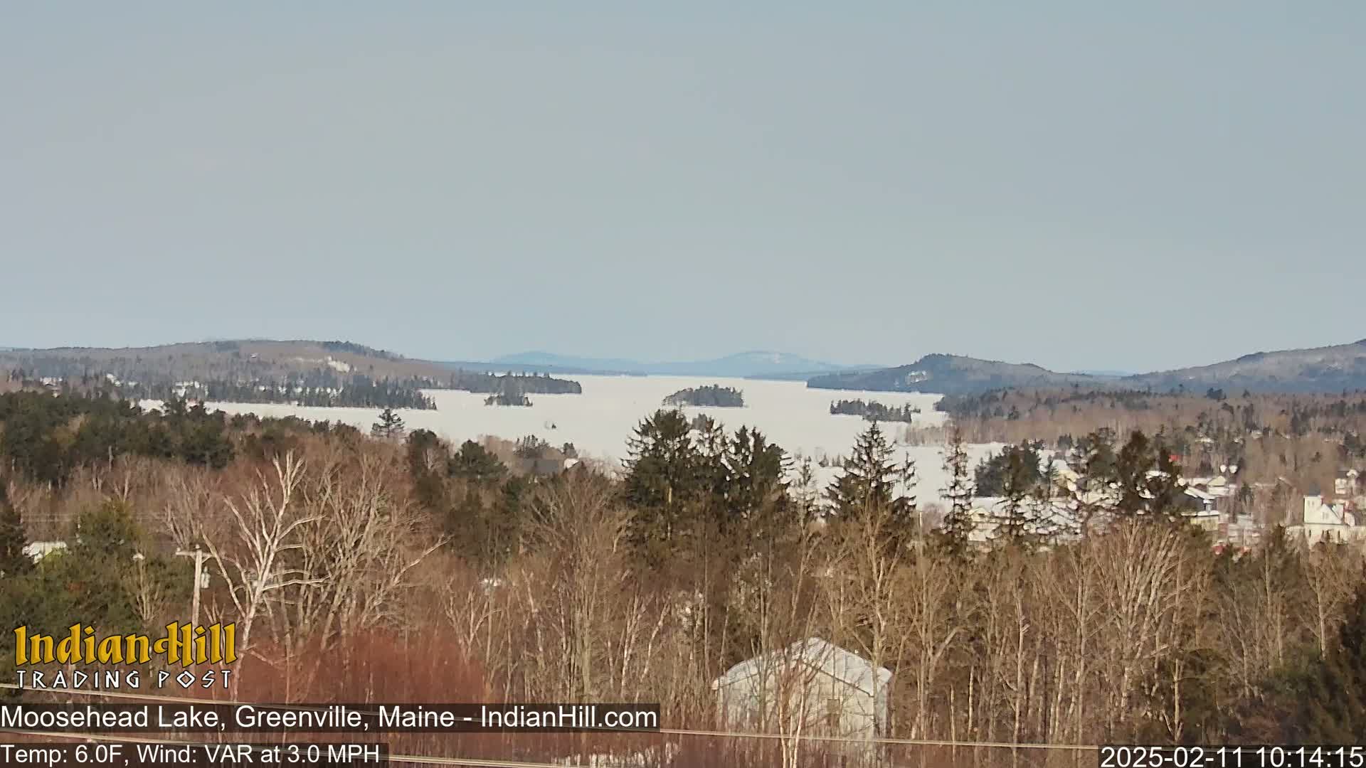 A snow-covered lake stretches into the distance, surrounded by leafless trees and distant hills under a clear, light-grey sky.