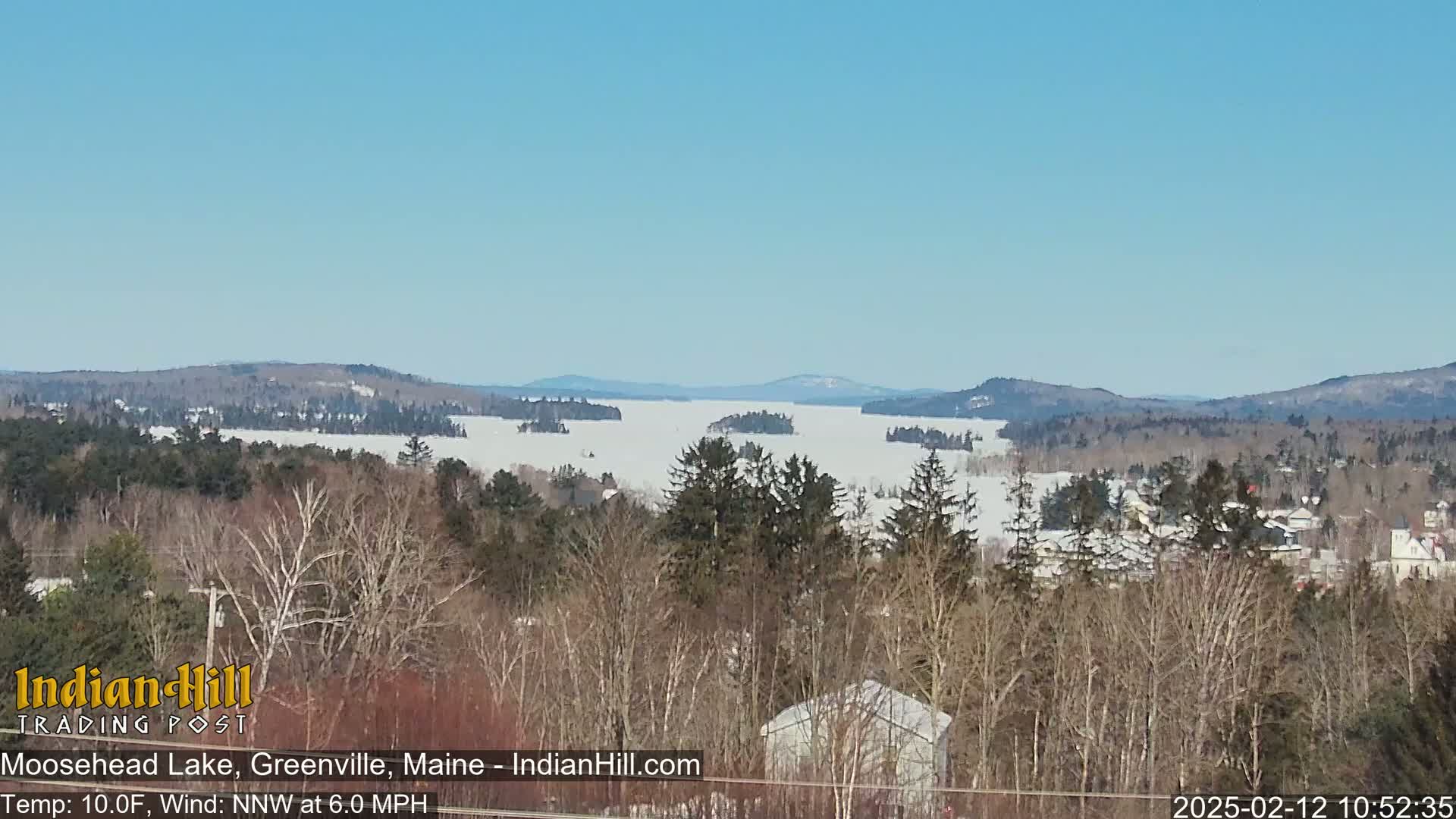 A snow-covered lake stretches to distant mountains under a clear blue sky, viewed from a forested hillside.