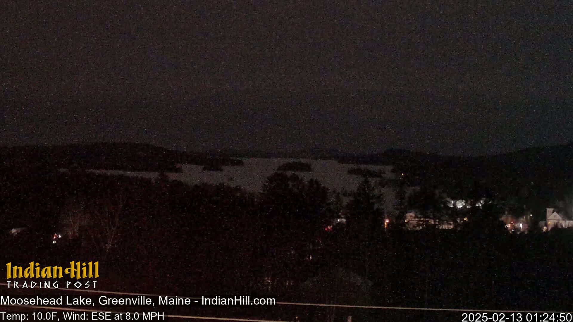 A dark, nighttime view of a lake with a few lights visible on the opposite shore and some dark trees in the foreground under a clear, dark sky.