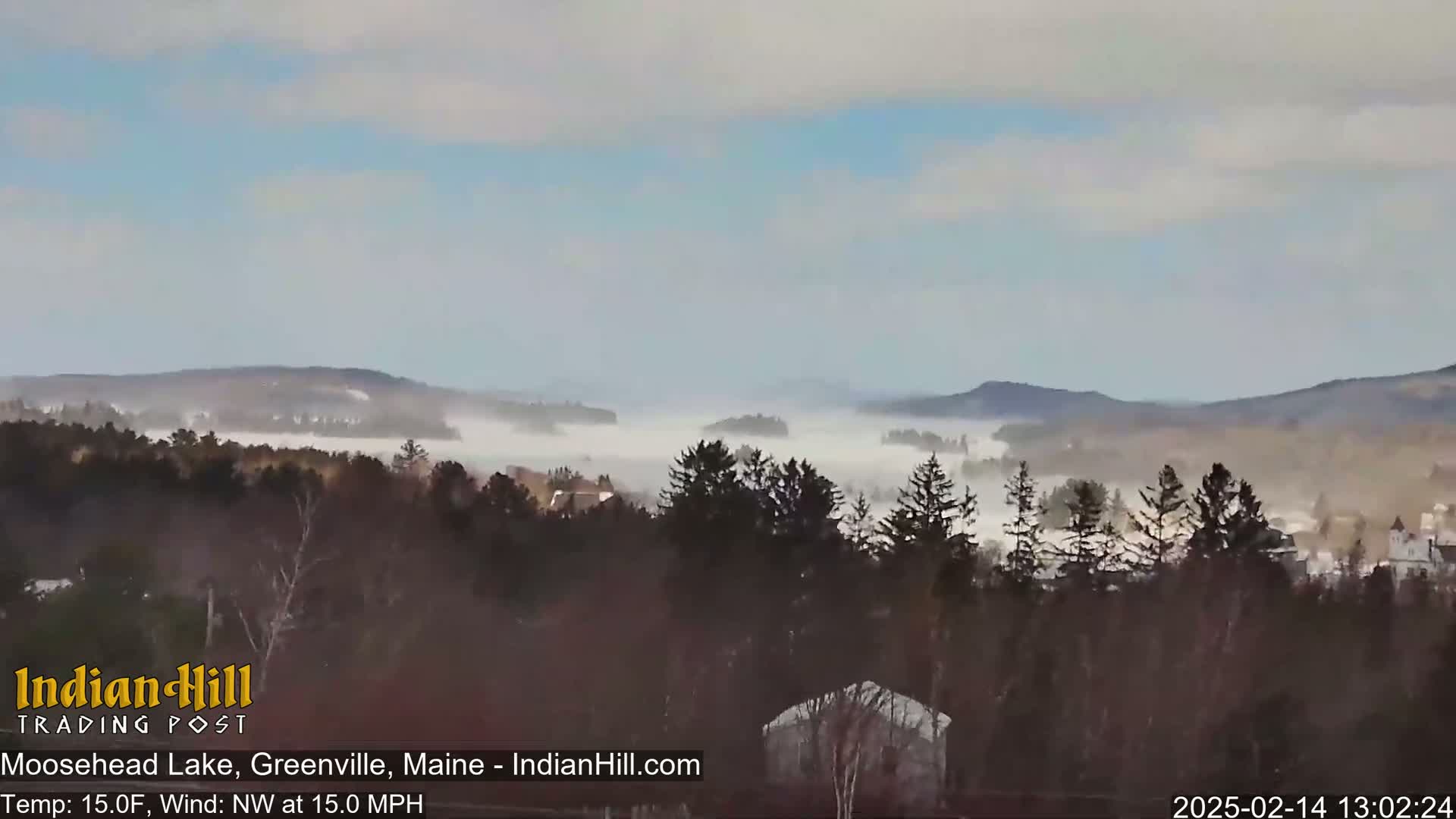 A misty valley filled with low-lying fog is visible from a wooded hillside on a windy, 15-degree Fahrenheit day.
