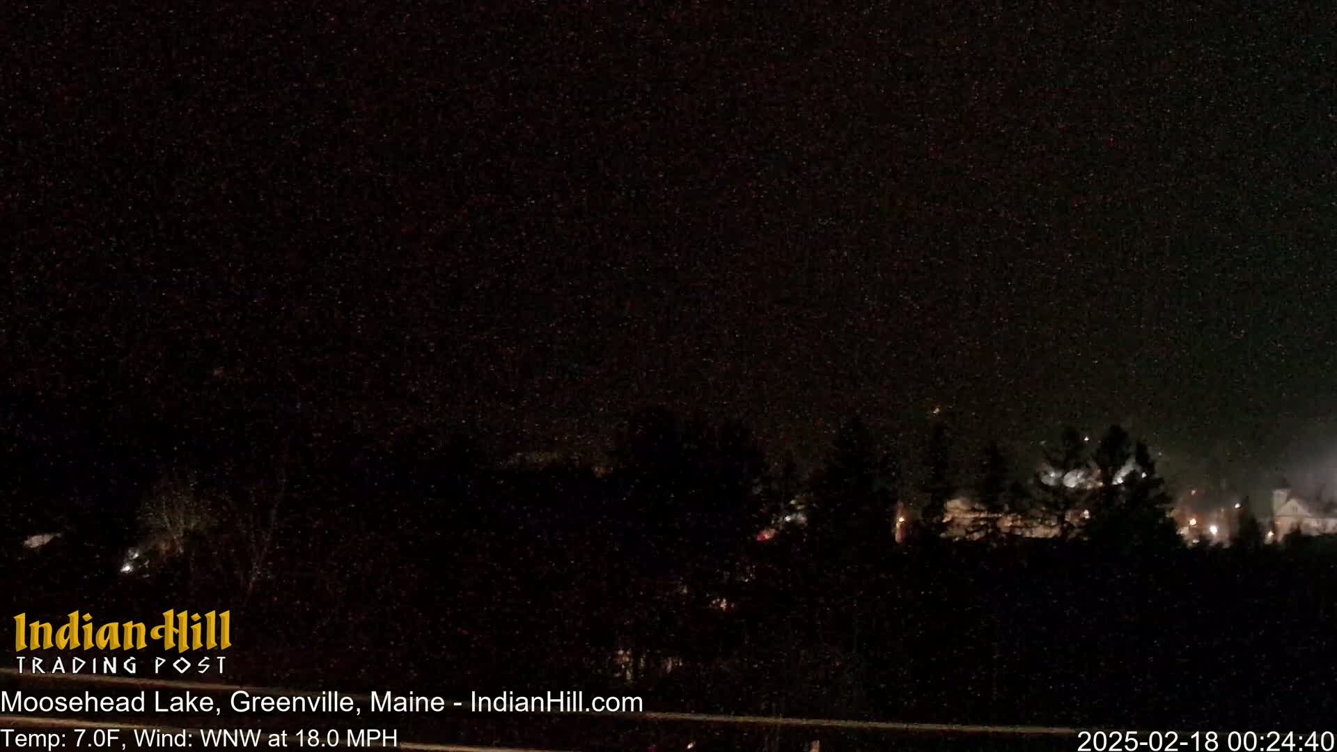A nighttime scene of snow falling over dark trees and distant lights.