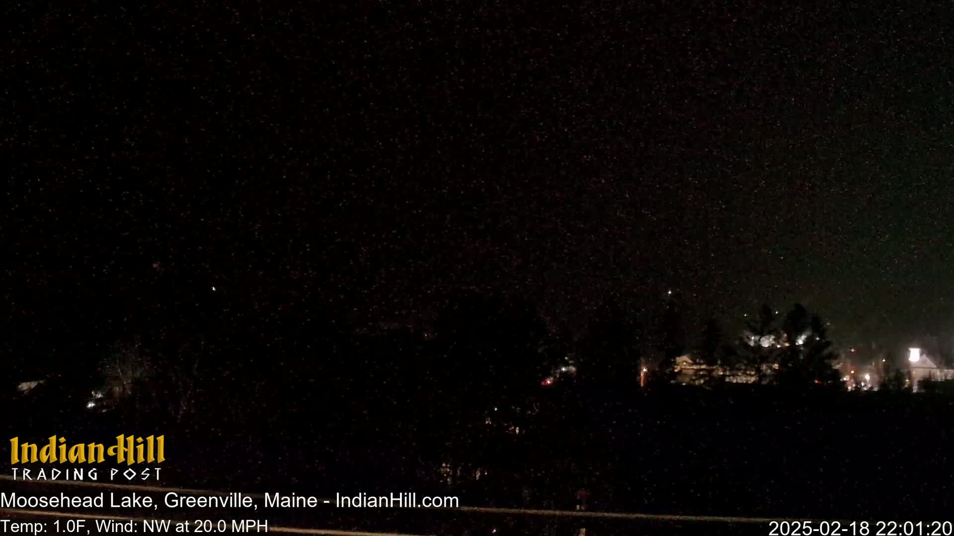 A nighttime, snowy scene shows dimly lit buildings and trees in the distance under a dark sky.