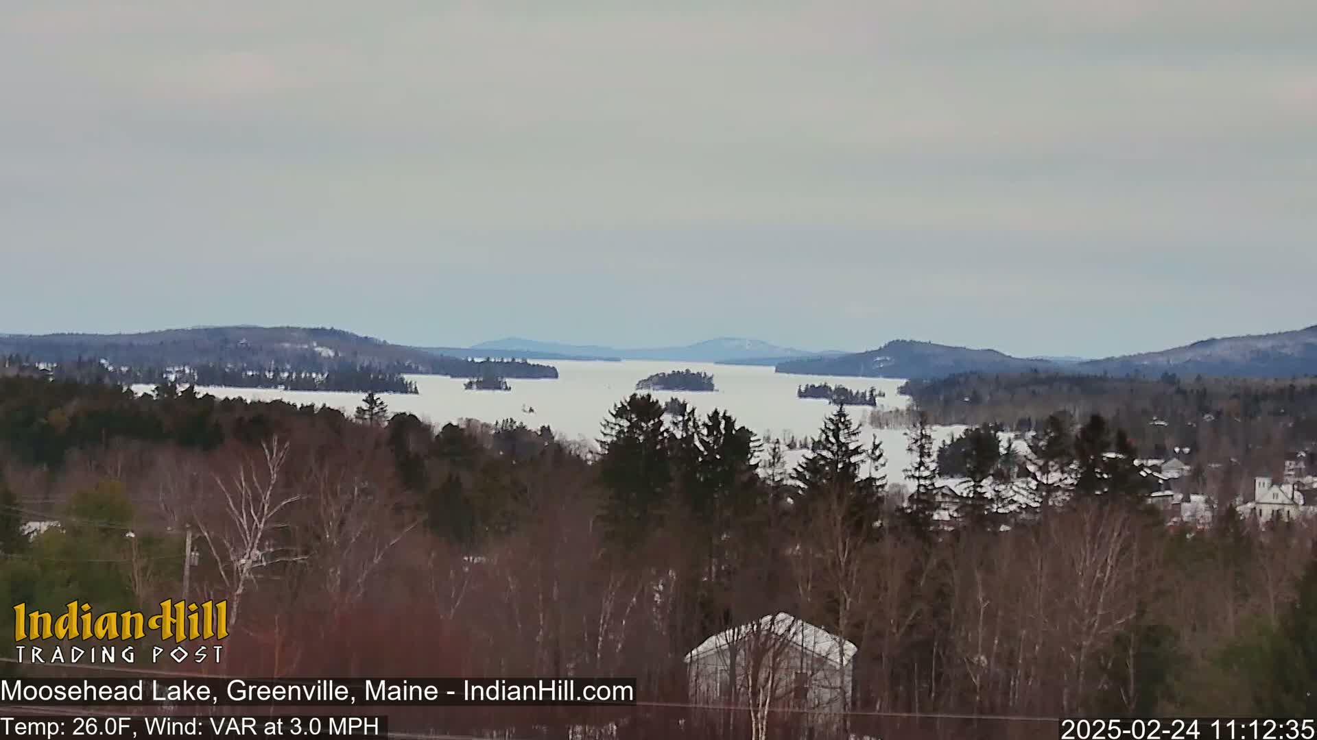 A snow-covered lake is visible from a forested hillside under an overcast sky.