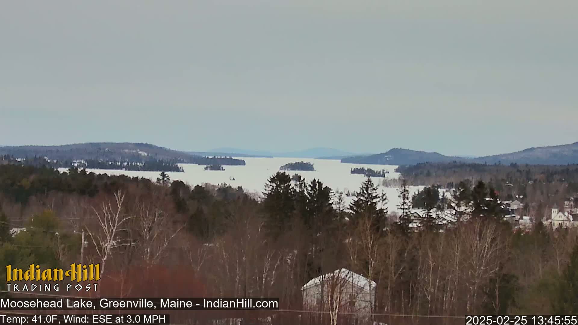 A snow-covered lake with several islands is seen from a snowy wooded hillside under an overcast sky.