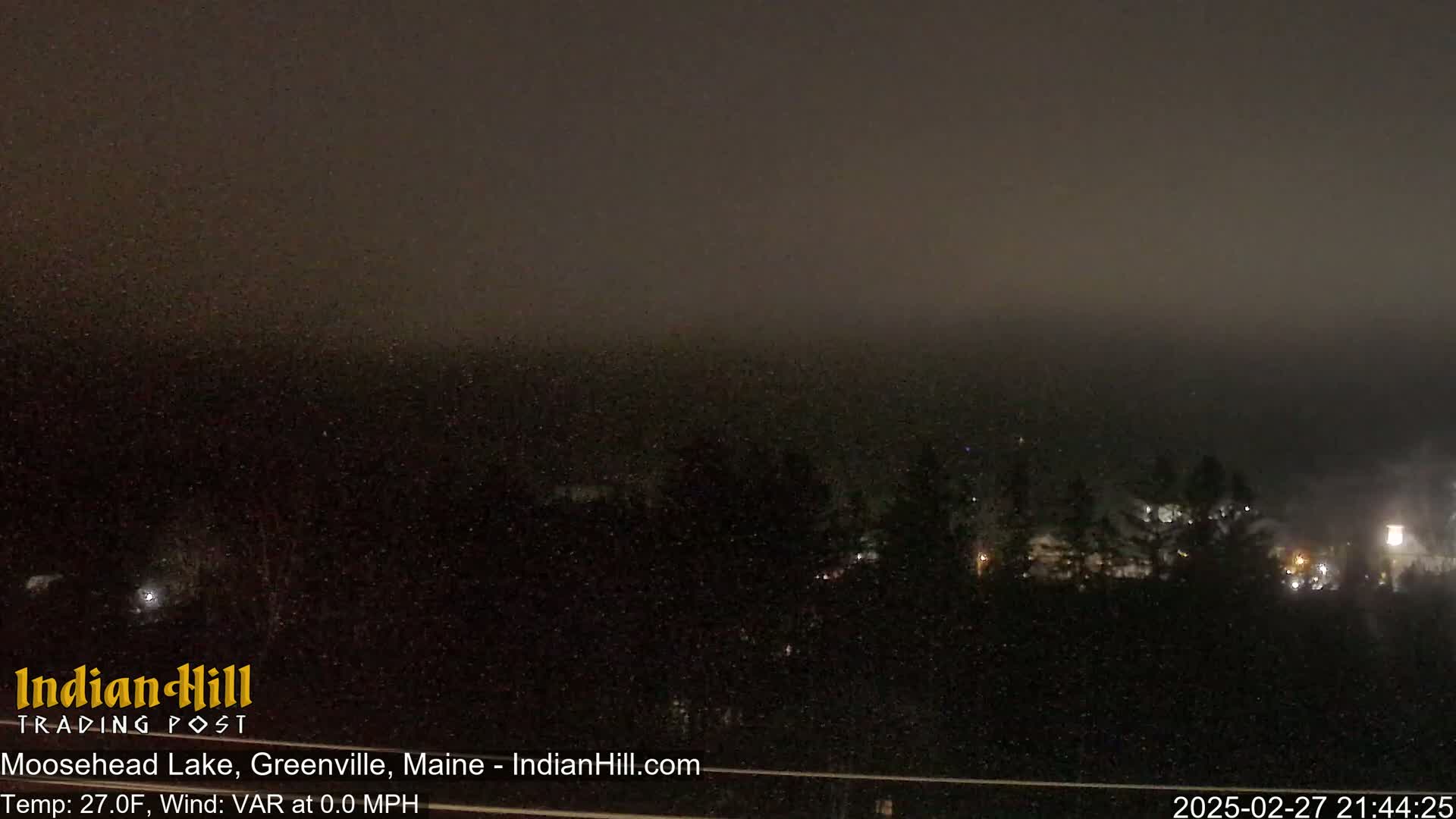 A nighttime, snowy scene shows a dark, foggy landscape with sparsely lit trees and buildings in the distance.