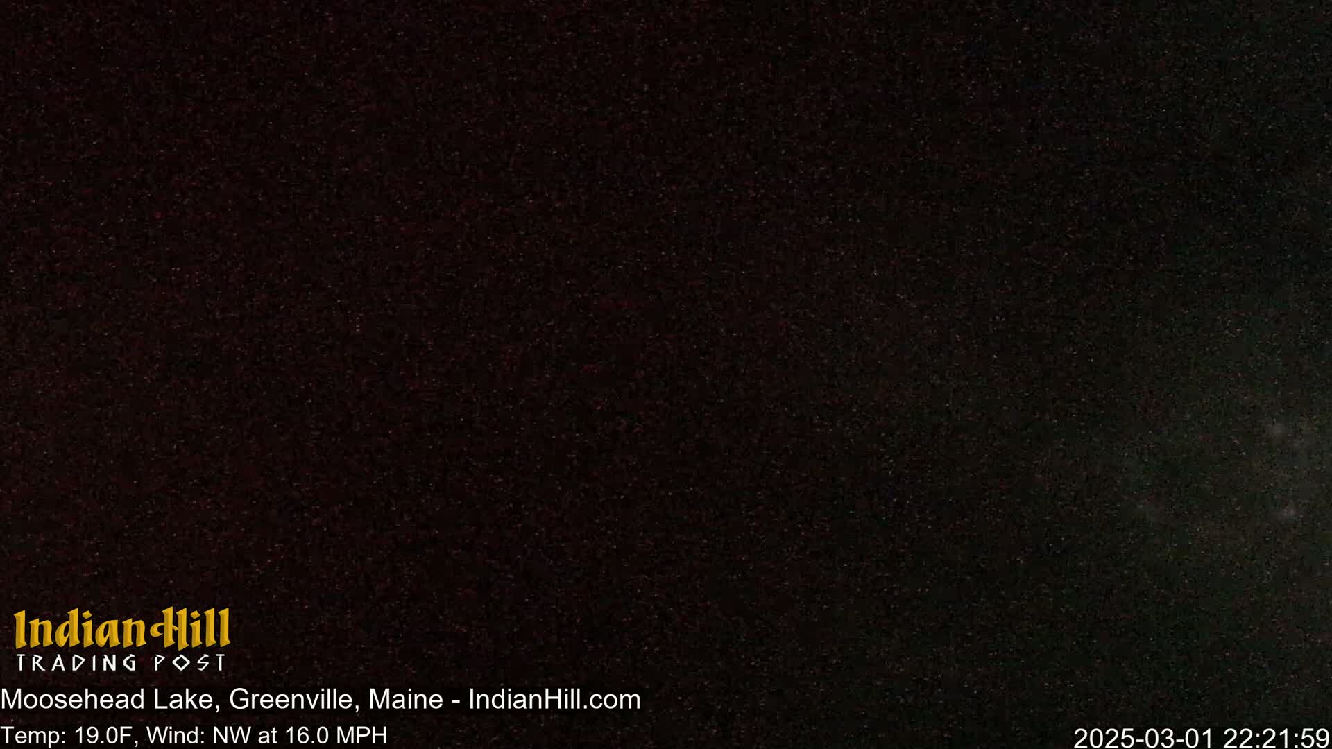 A nighttime image shows a dark sky with many stars visible, under a temperature of 19°F and a northwest wind of 16 mph.