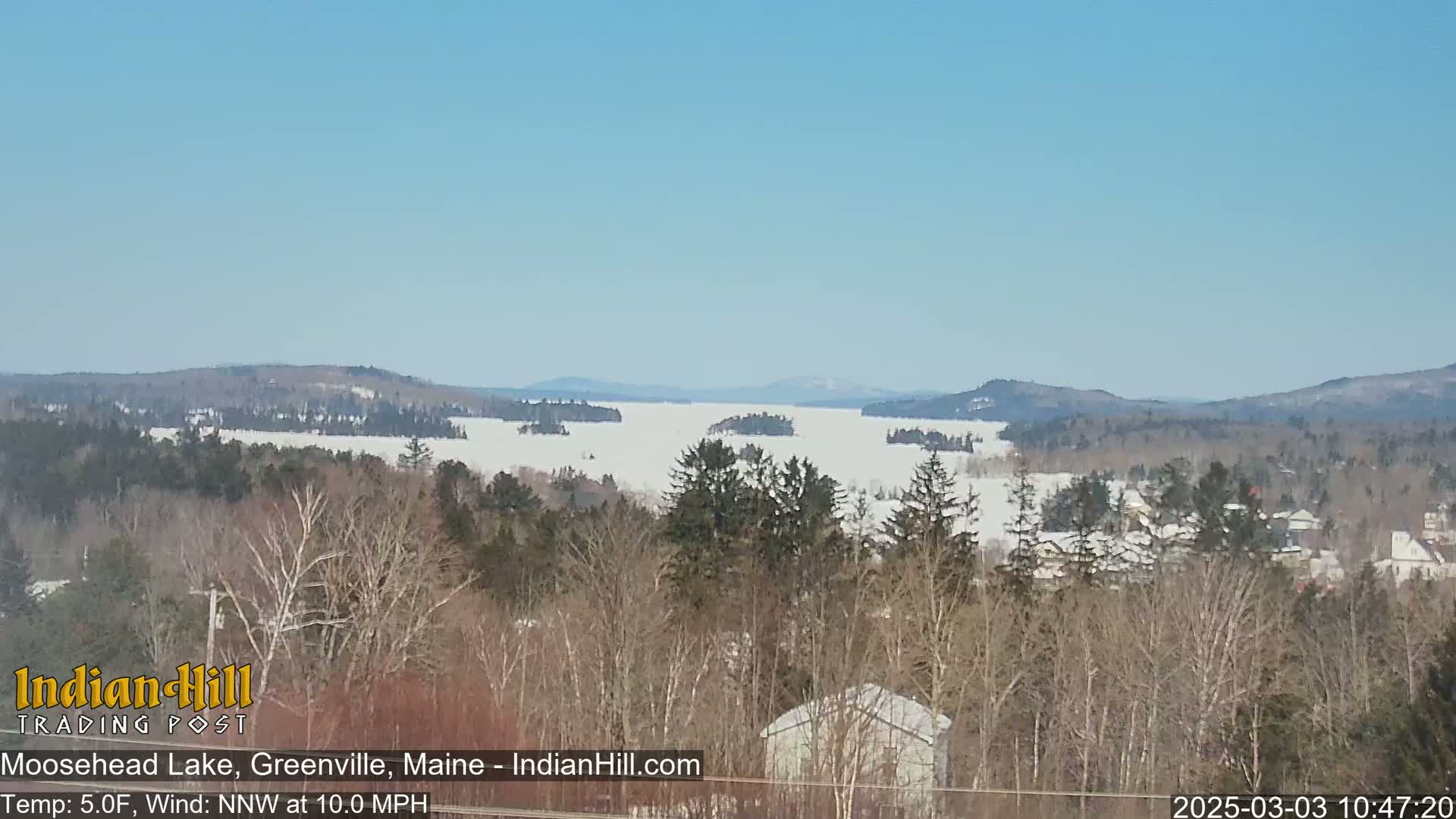 A snow-covered lake stretches to distant, snow-dusted mountains under a clear blue sky, viewed from a wooded hillside.