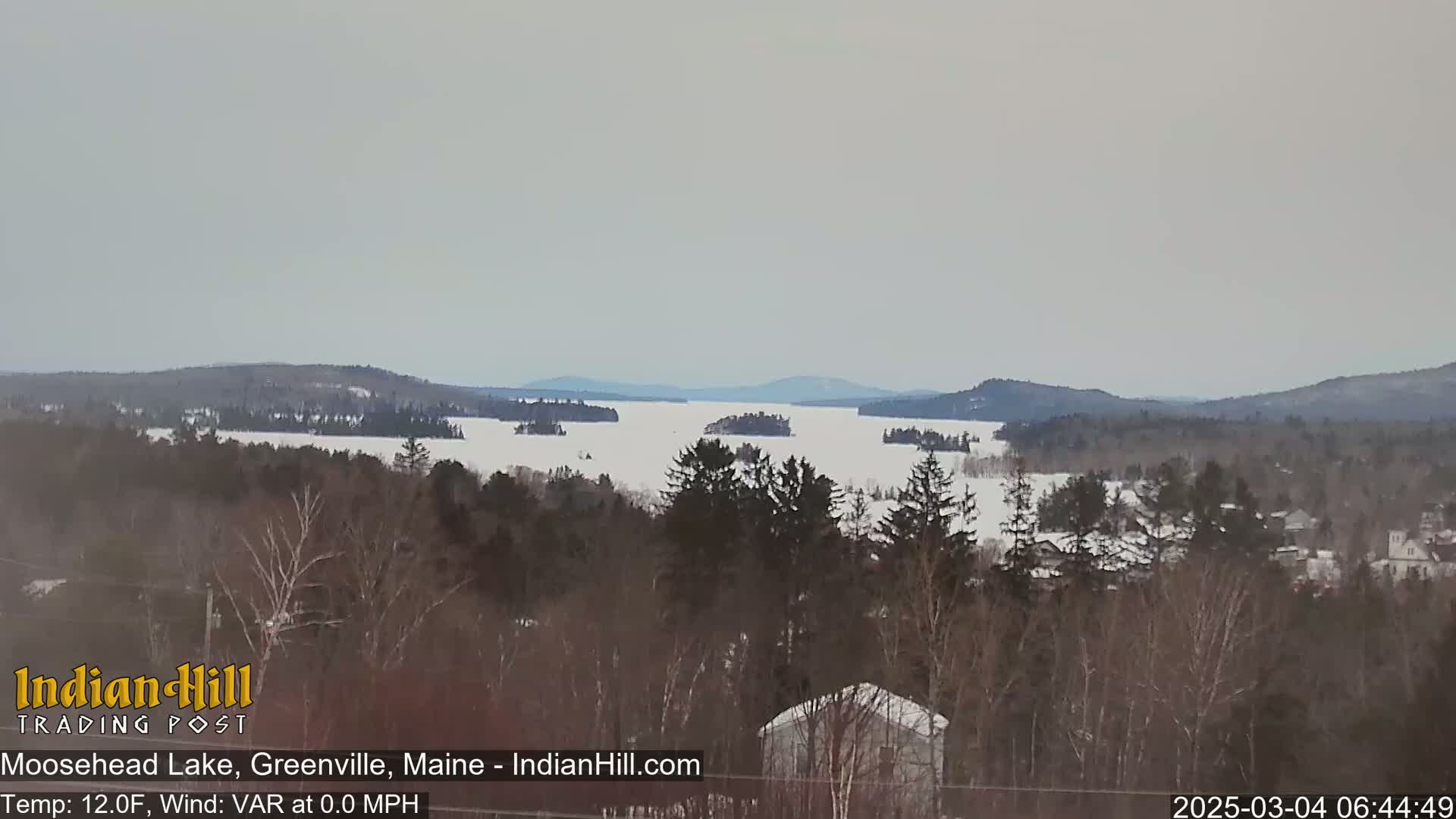 A snow-covered lake stretches into the distance, surrounded by snow-dusted trees and mountains under an overcast sky.