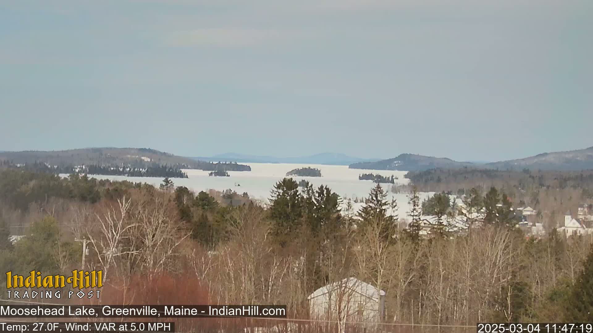 A mostly frozen lake is visible from a snowy, wooded hillside under a pale gray sky.