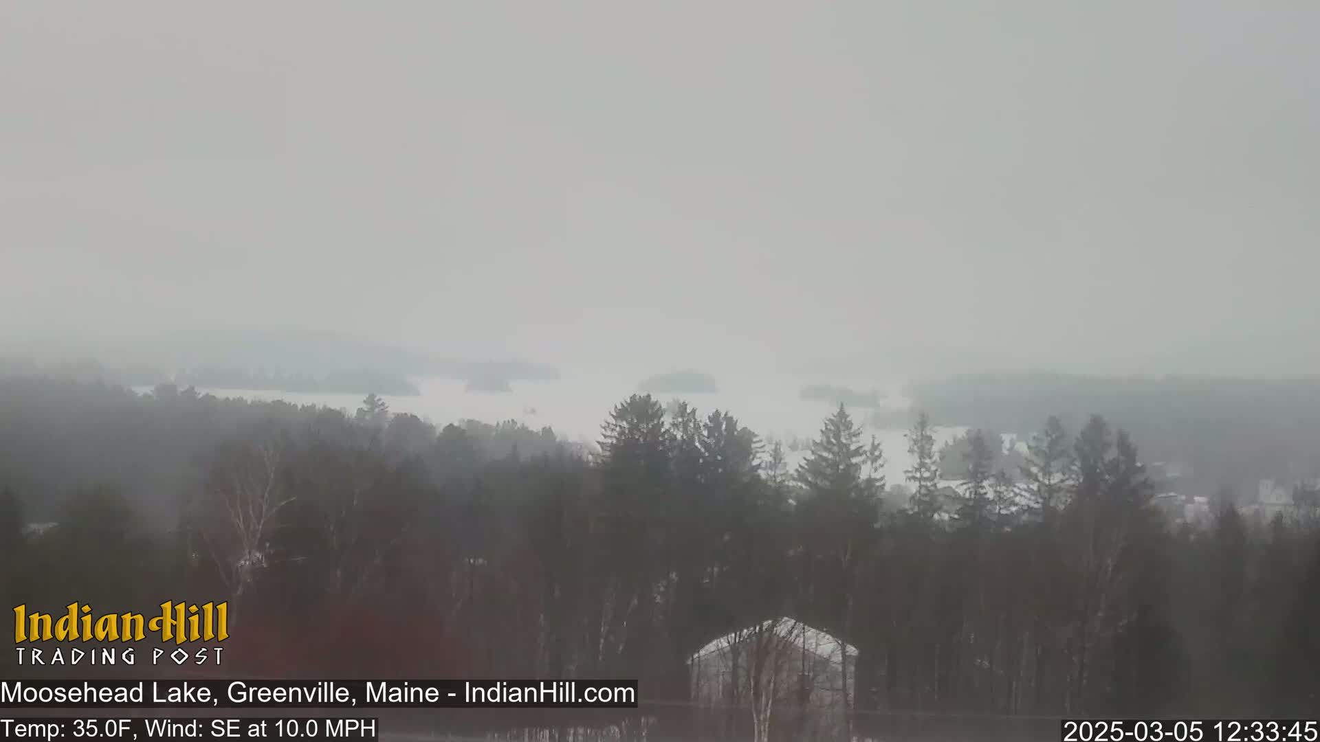 A hazy, snowy view of Moosehead Lake, with a distant shoreline partially obscured by the weather, and a foreground of trees and a small building.