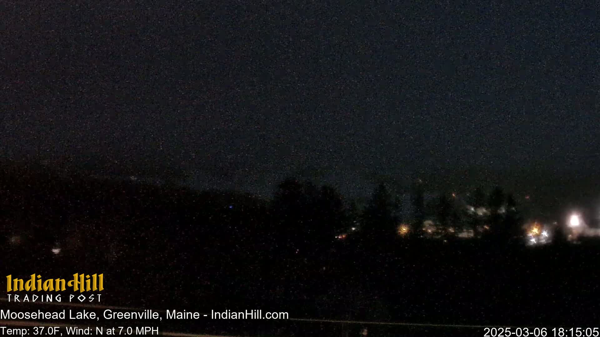 A nighttime view of a dark, tree-lined landscape with distant lights under a mostly clear, starlit sky.