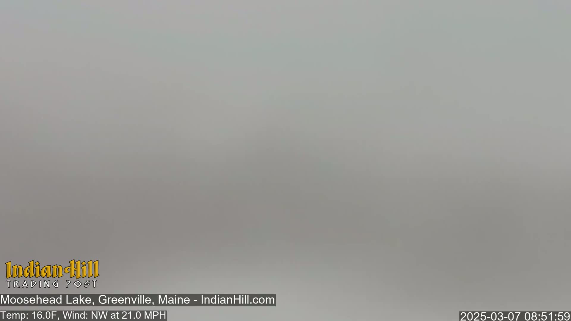 A uniformly gray, foggy scene is visible, with a strong northwest wind.