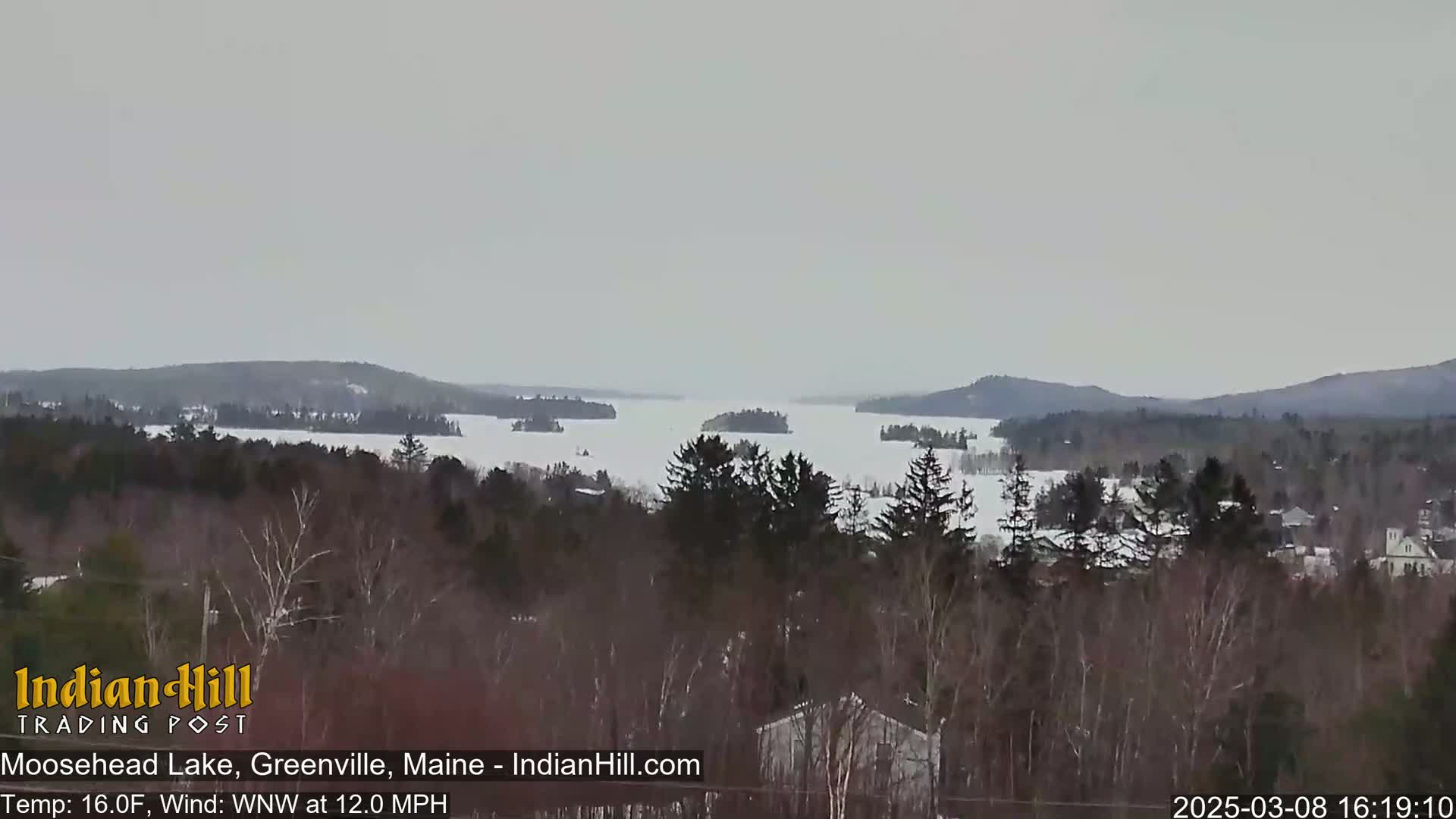A partially frozen lake is seen from a snowy, wooded hilltop on an overcast day with a wind of 12 mph.