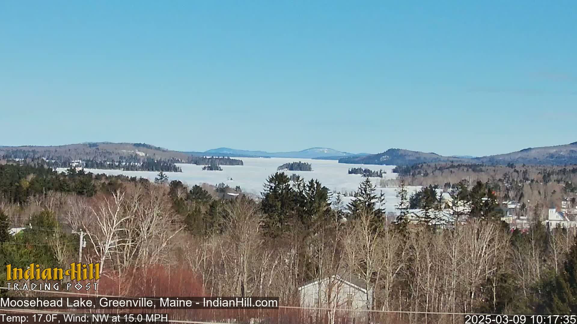 A snow-covered lake stretches to distant, snow-dusted mountains under a clear blue sky, viewed from a vantage point amidst leafless trees.
