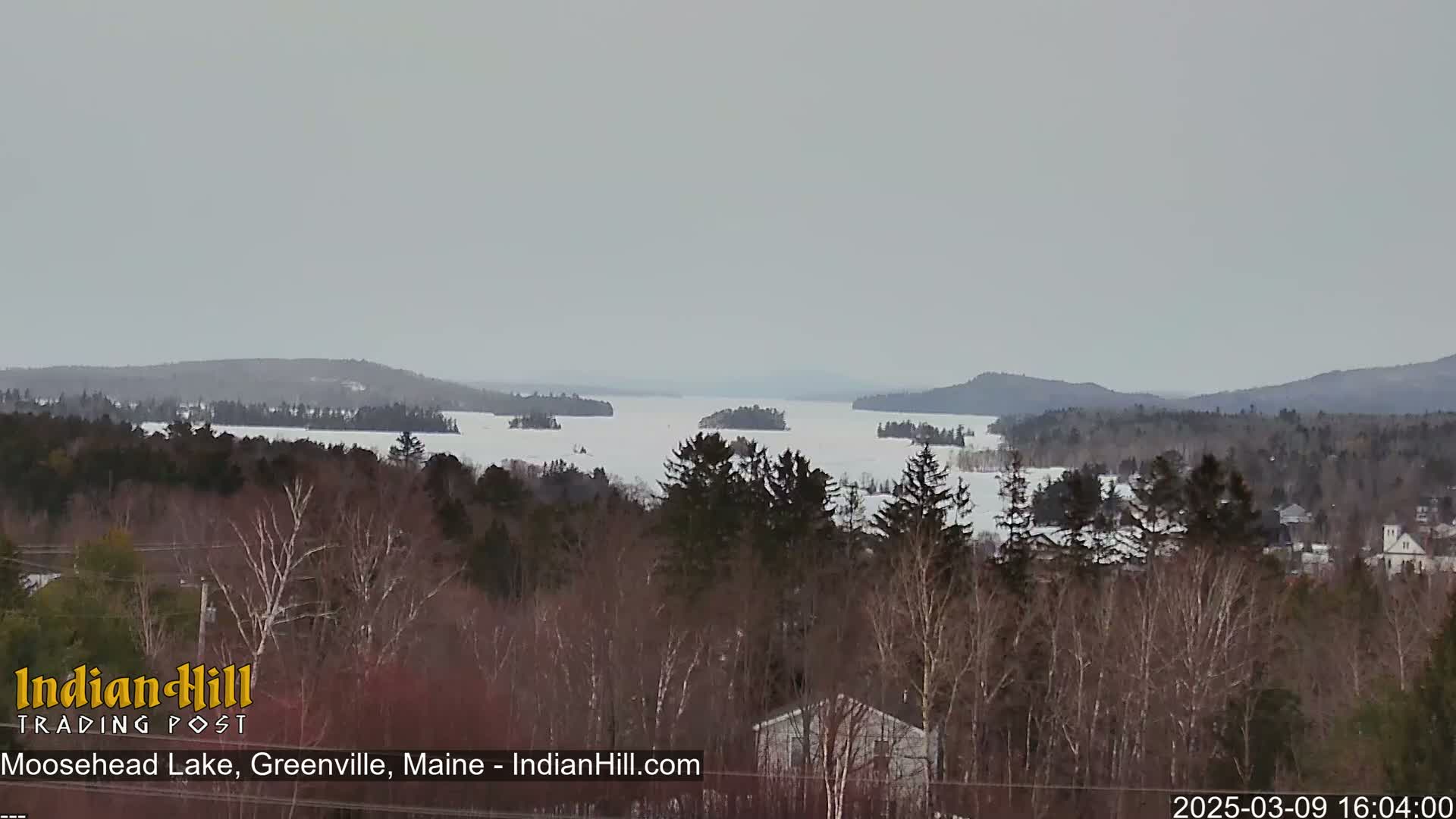 A mostly frozen lake stretches to distant snow-covered hills under an overcast sky, viewed from a wooded hillside.