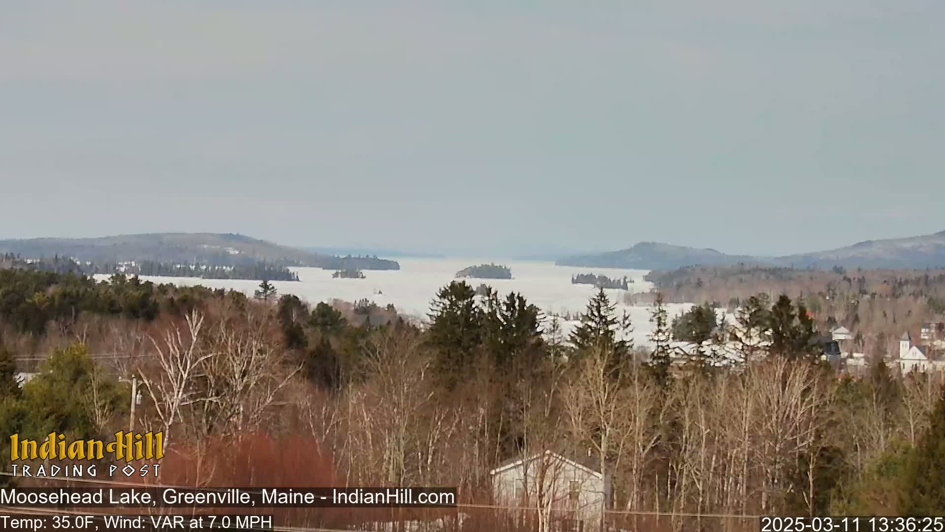 A snow-covered lake stretches to the horizon, framed by bare trees and distant, snow-dusted mountains under a hazy sky.