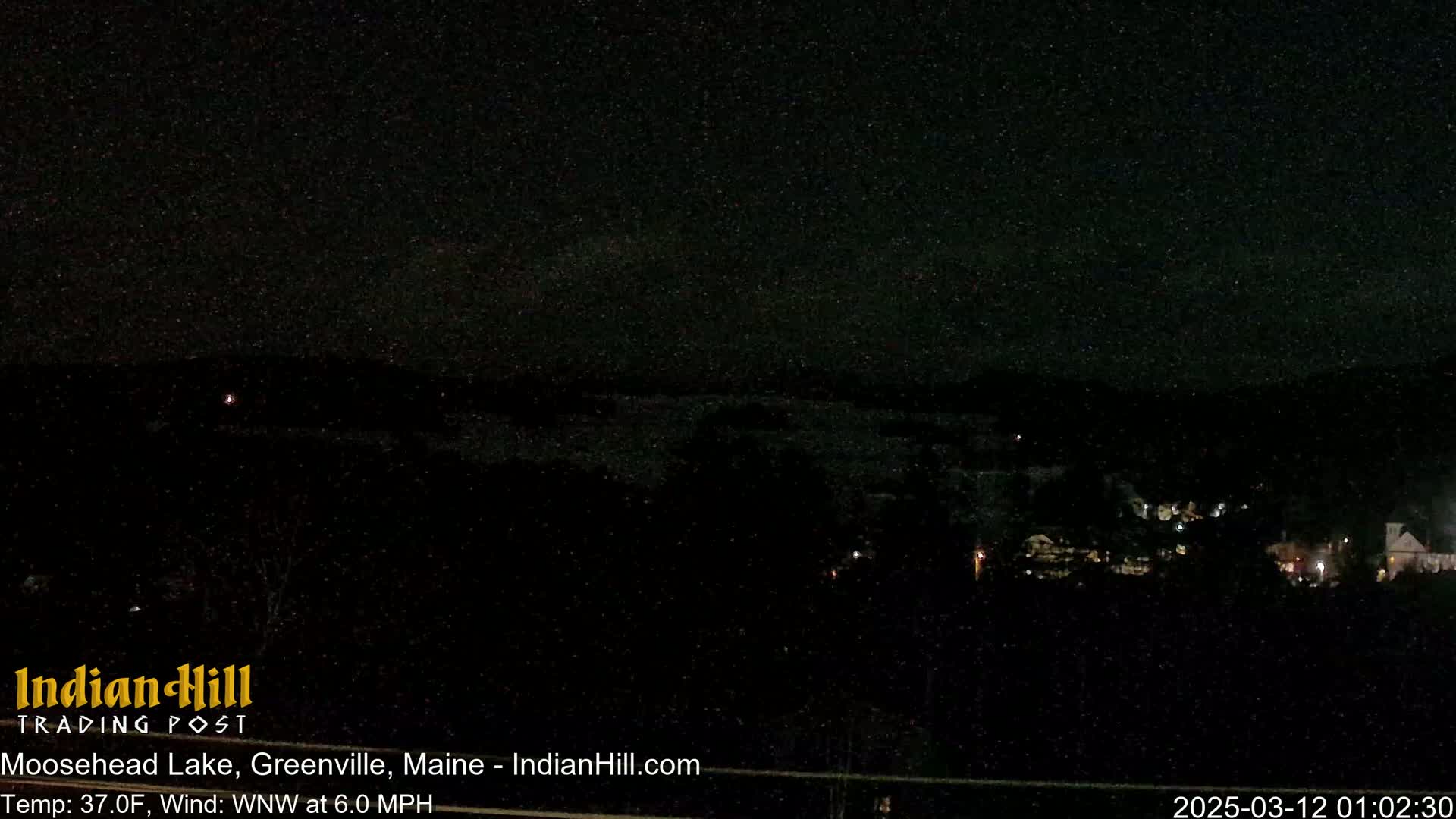 A dark, nighttime view of a lake and a small town under a lightly snowing sky.