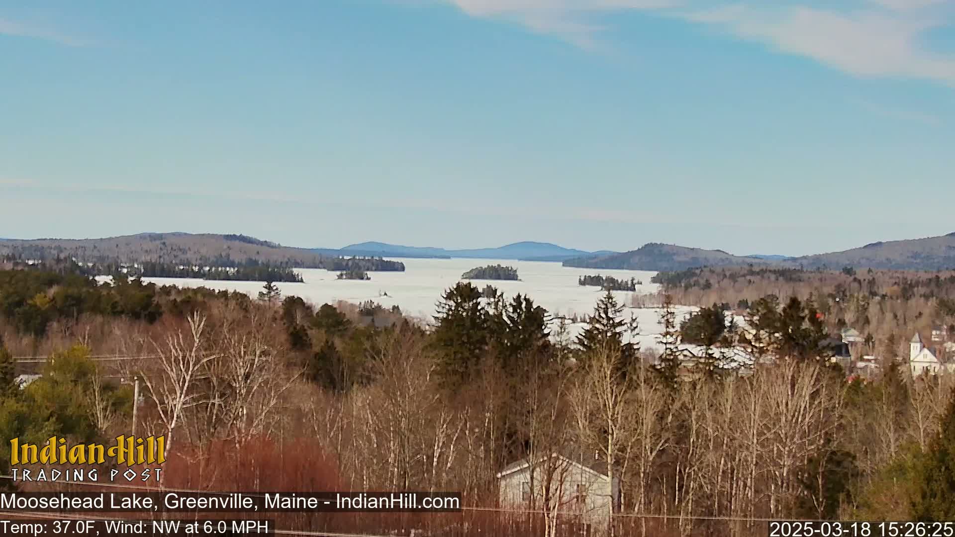 A partially frozen lake stretches to snow-covered mountains under a clear blue sky, viewed from a vantage point among leafless trees.