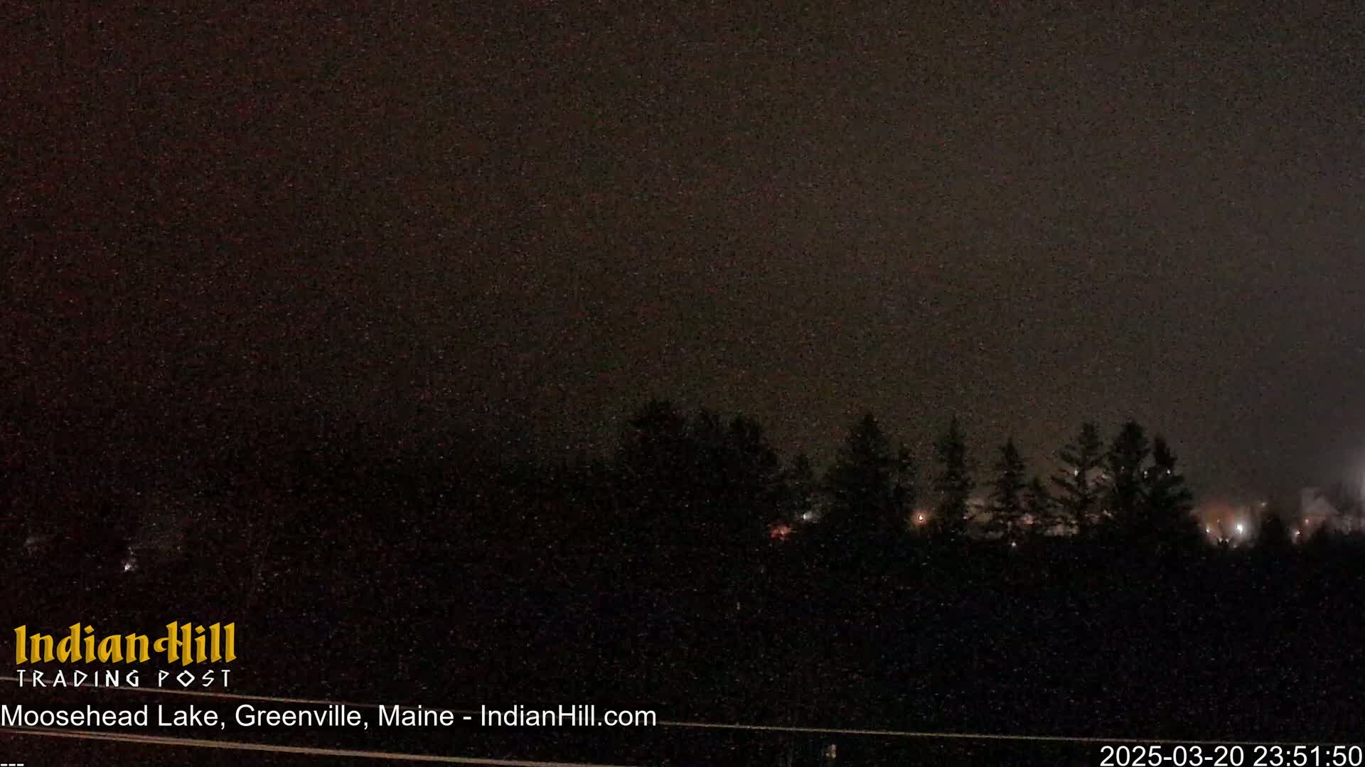 A nighttime view of a dark, possibly snowy or hazy, sky above a silhouetted line of evergreen trees.